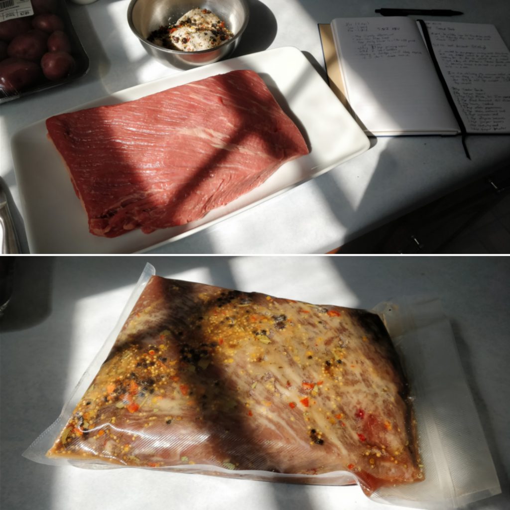Before and after of the raw beef vs vacuum sealed with cure and spices.