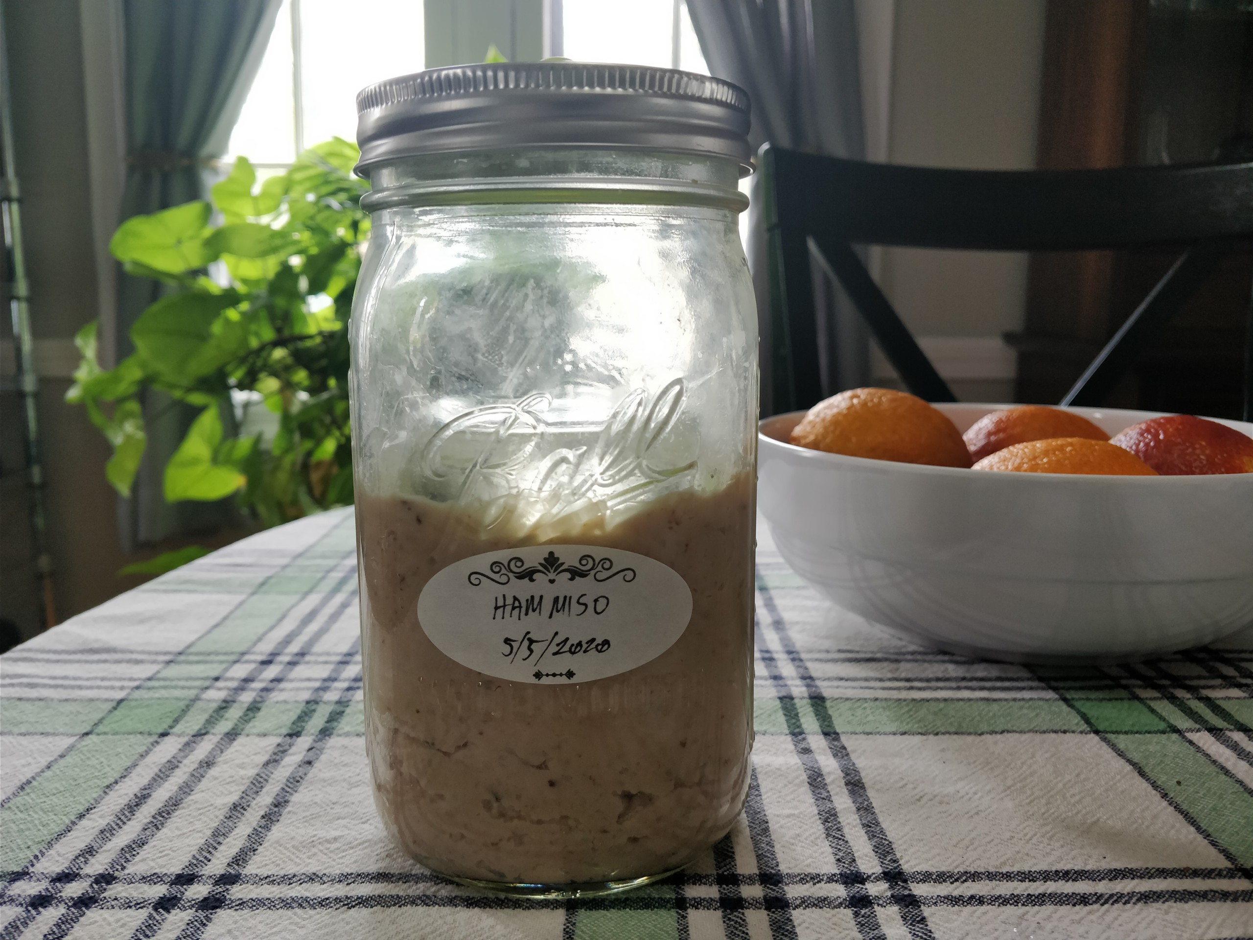 mason jar with label that reads "ham miso 5/5/2020"