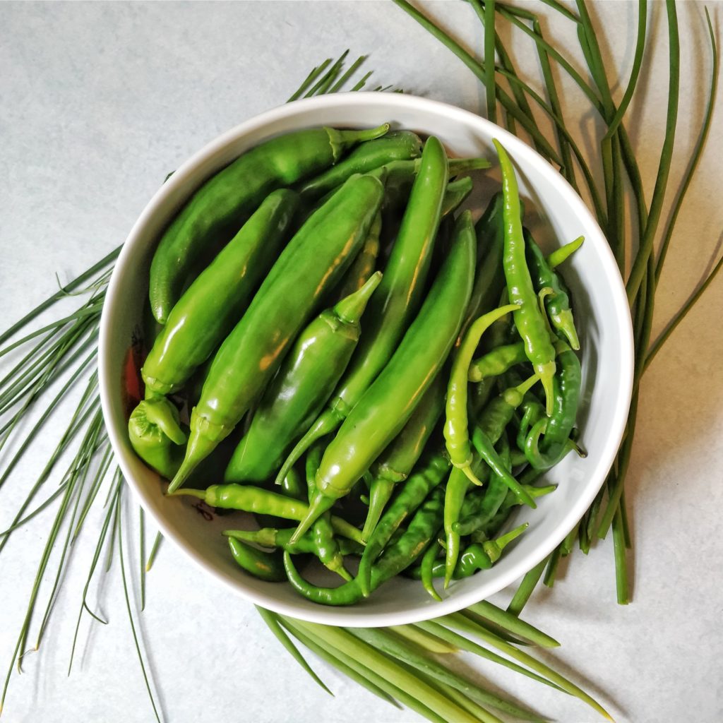 Bowl of green chilies surrounded by scallions