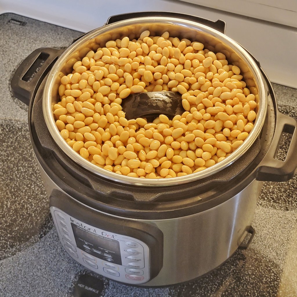 Instant Pot filled nearly to the brim with soybeans.
