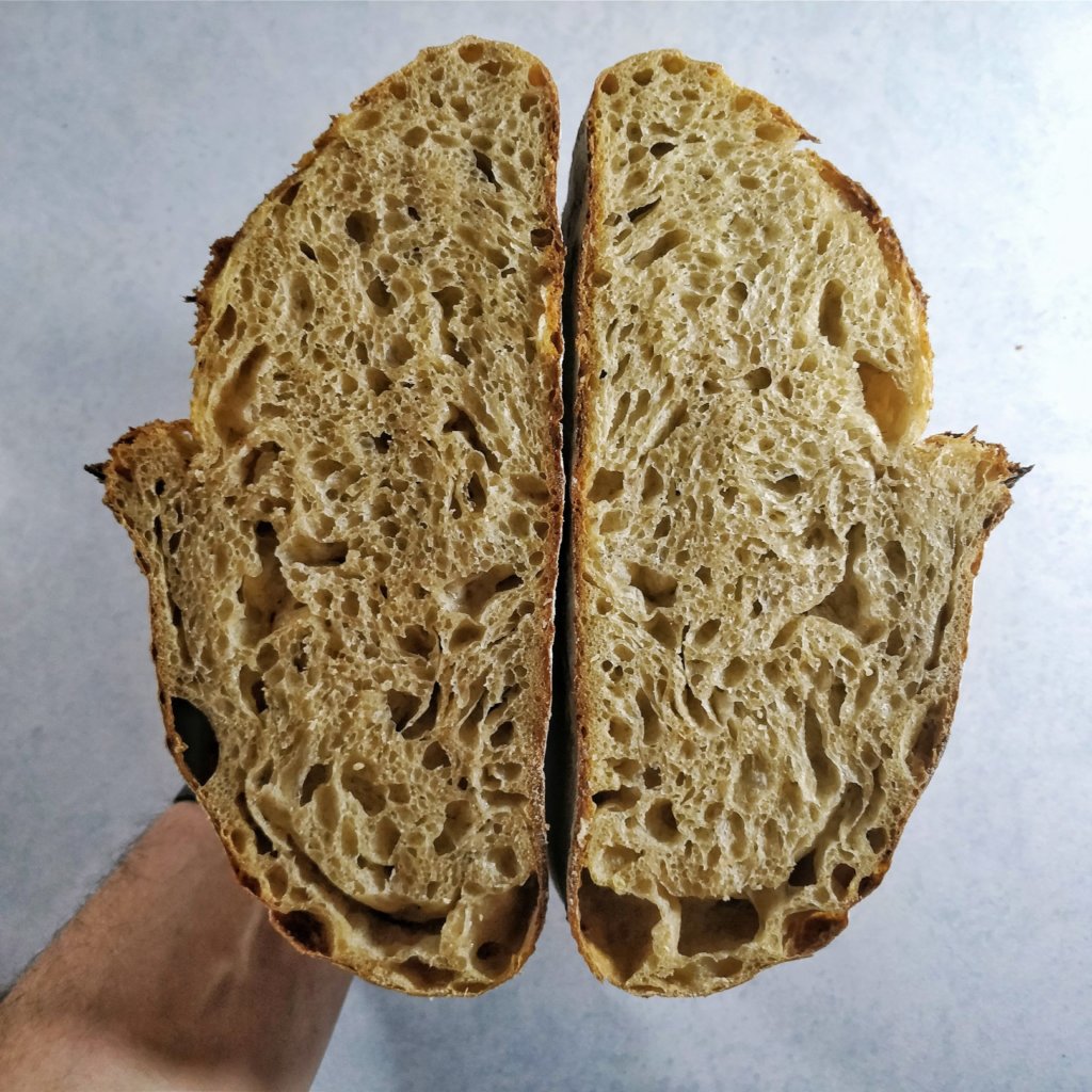 Cross section of the amazake sourdough batard loaf. Lovely open crumb, even though the oven rise wasn't at 100%.