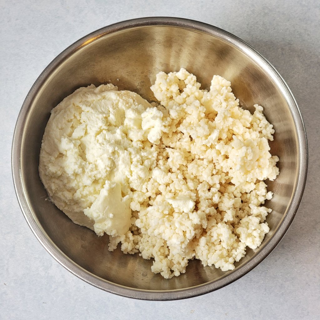 Ricotta and koji rice next to each other in a bowl.