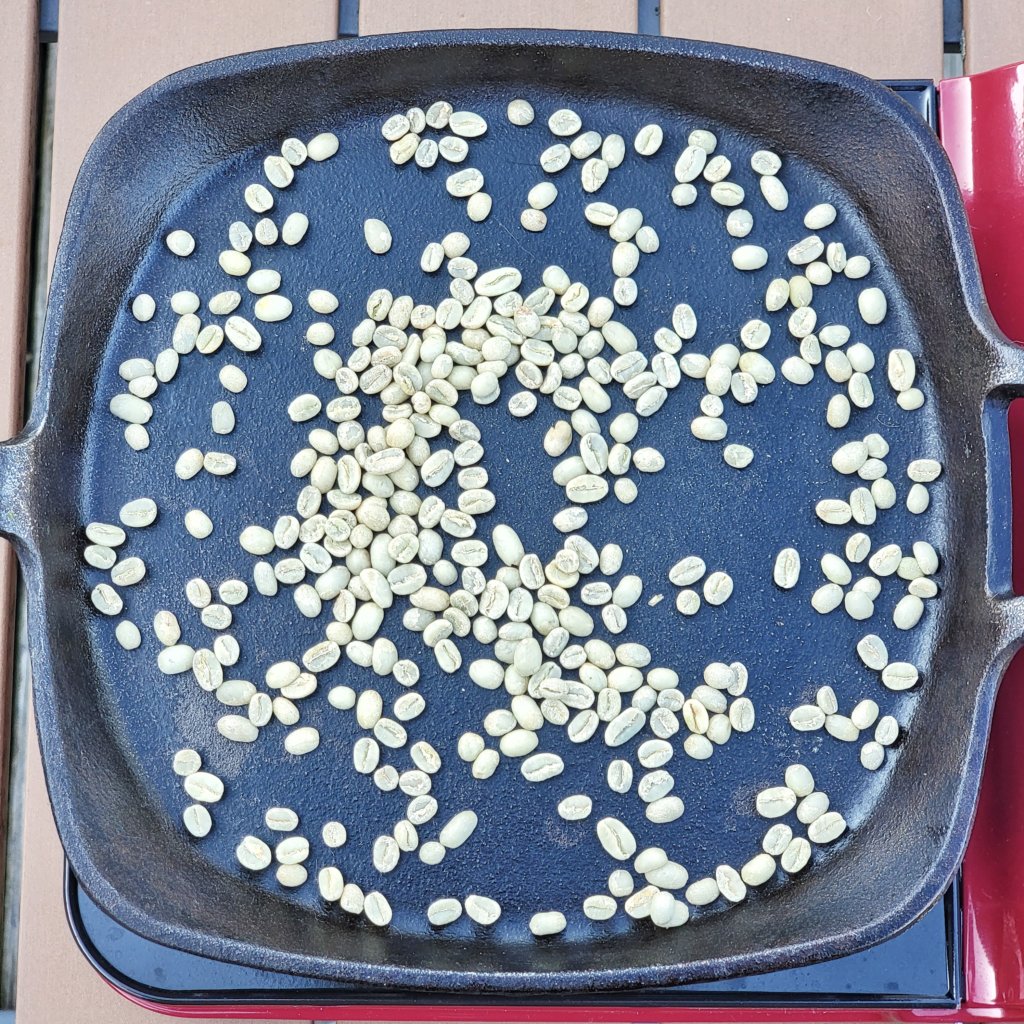 Green coffee beans on a cast iron skillet, on a portable burner, on a picknick table outside.