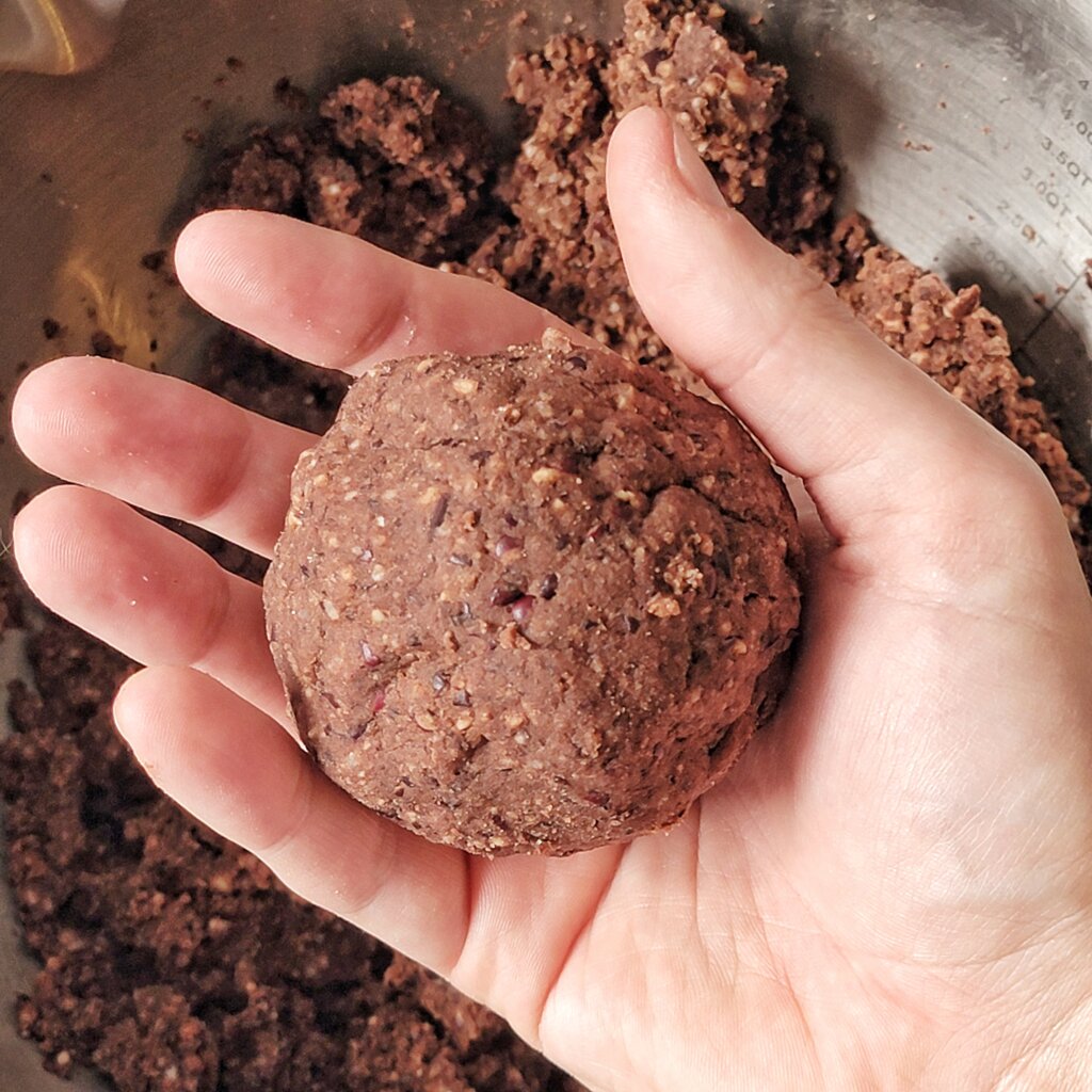 After mixing ingredients into a paste, it comes together as a ball in my hand.