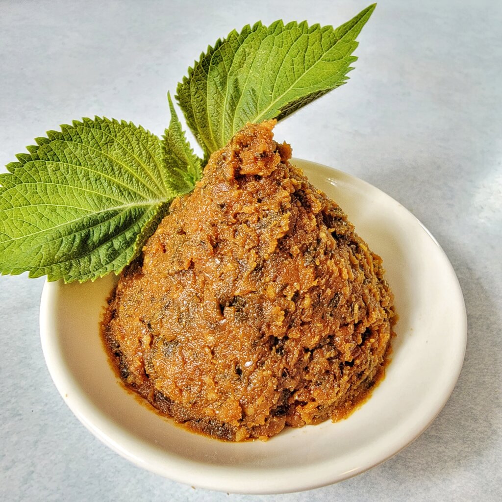 Miso plated in the shape of a mountain with a fresh spring of shiso.